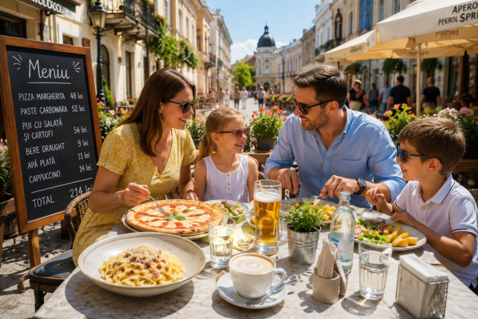 Familie luând masa la terasa unui restaurant din România, ilustrând costul unei ieșiri la restaurant în marile orașe.